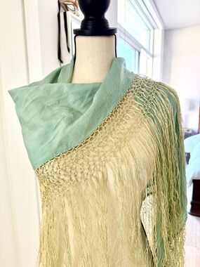 Antique Silk Piano Shawl Mint Green Long Fringe Victorian Edwardian Wrap